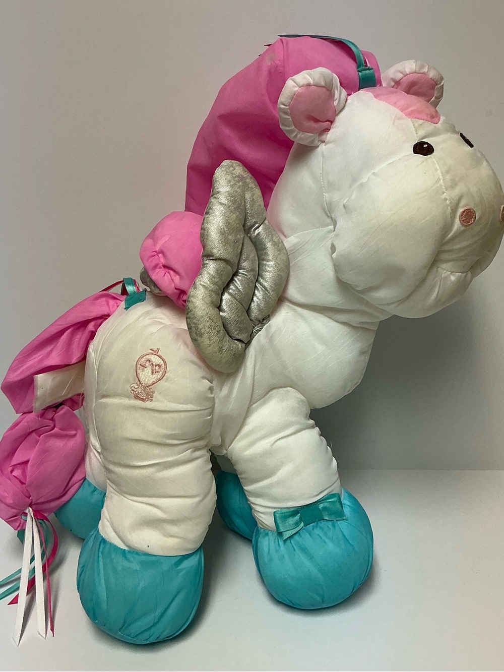 Fisher-Price Puffalump Pink/White/Teal Plush Pegasus w/Silver Wings AS IS READ